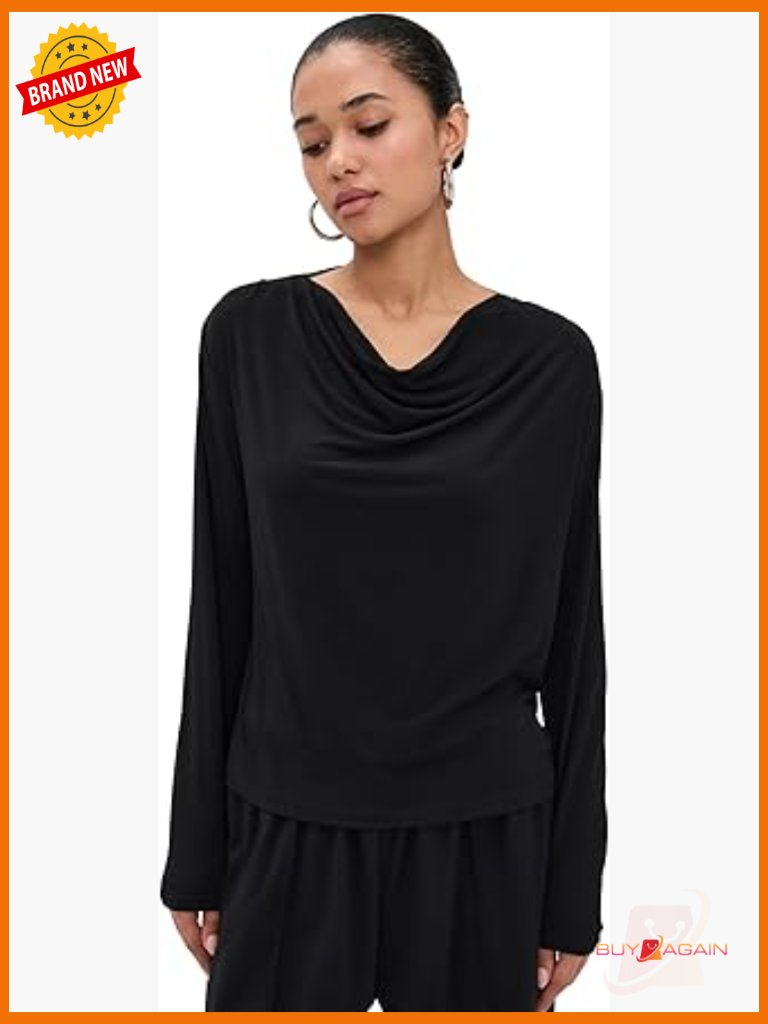 Long Sleeve Cowl Neck T-Shirt Loose Fit Mid-Weight Jersey Top